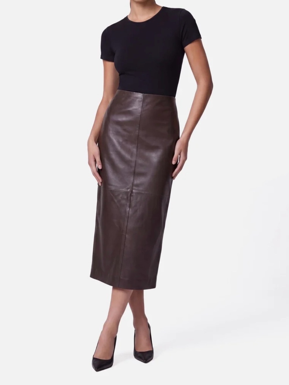 Chocolate Brown Leather Midi Skirt